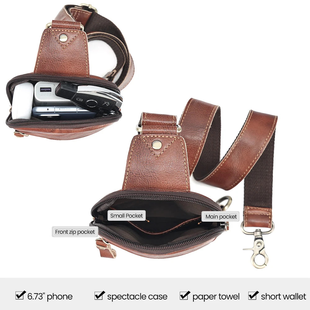 JOYIR Genuine Leather Male Rerto Travel Sling Chest Pack for 7.9" iPad Casual Shoulder Crossbody Bag Satchel Bags
